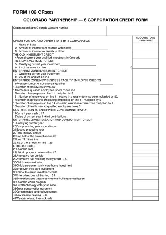 Fillable Form 106 Cr - Colorado Partnership - S Corporation Credit - 2003 Printable pdf