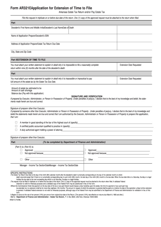 Fillable Form Ar321e - Application For Extension Of Time To File Printable pdf