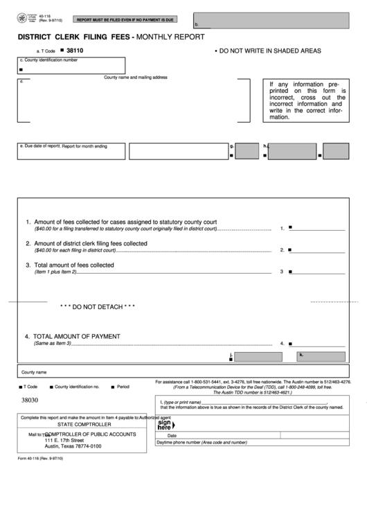 Fillable Form 40-116 - District Clerk Filing Fees - Monthly Report Printable pdf