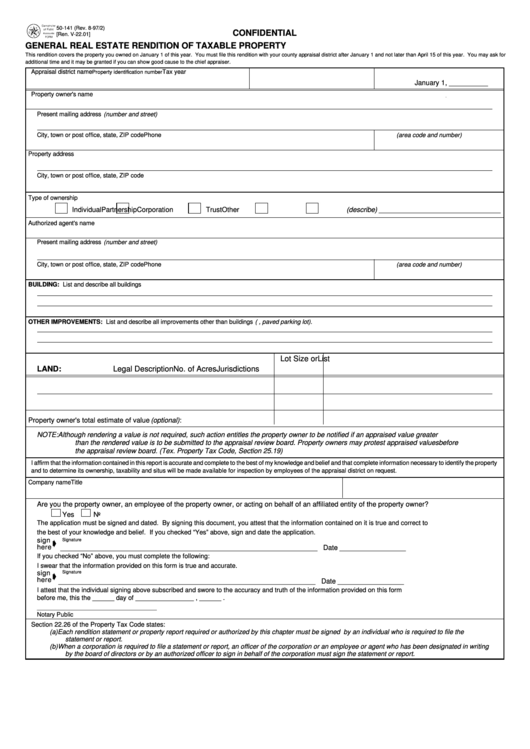 Fillable Form 50-141 - General Real Estate Rendition Of Taxable Property Printable pdf