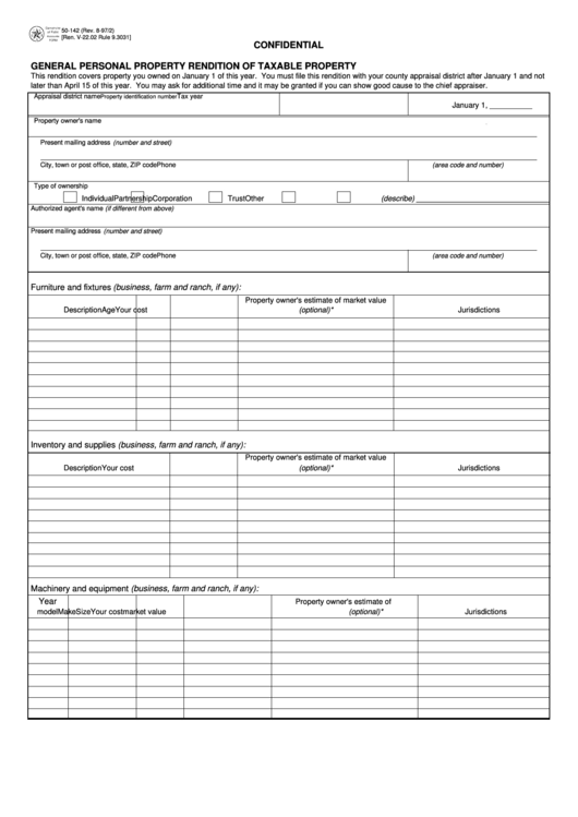 Fillable Form 50-142 - General Personal Property Rendition Of Taxable Property Printable pdf