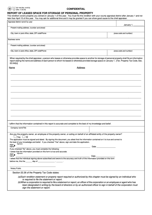 Fillable Form 50-148 - Report Of Leased Space For Storage Of Personal Property Printable pdf