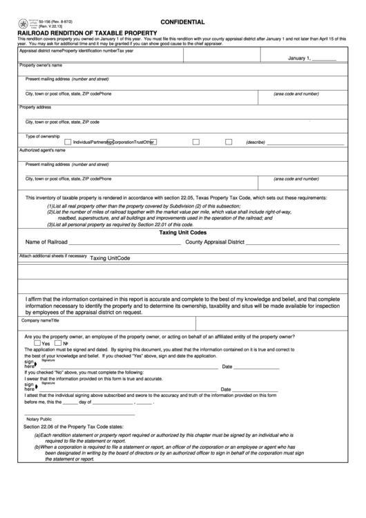 Fillable Form 50-156 - Railroad Rendition Of Taxable Property Printable pdf