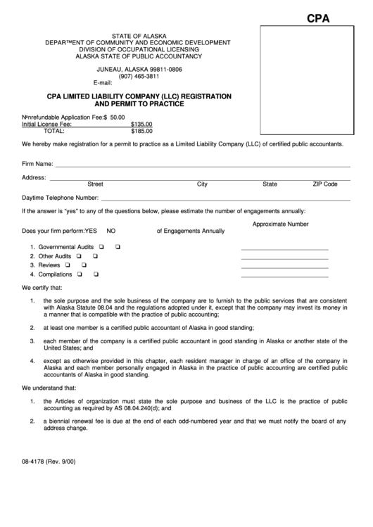 Form 08-4178 - Cpa Limited Liability Company (Llc) Registration And Permit To Practice Printable pdf