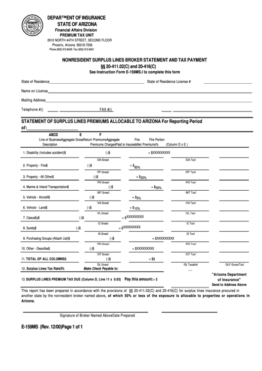 Form E-159ms - Nonresident Surplus Lines Broker Statement And Tax Payment Printable pdf