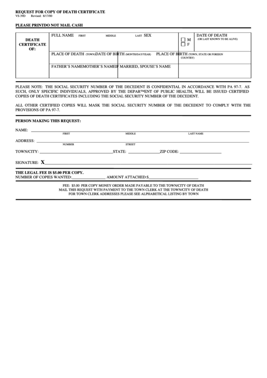 Form Vs-39d - Request For Copy Of Death Certificate Printable pdf