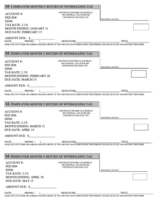 Form M-1 - Employer Monthly Return Of Withholding Tax Printable pdf