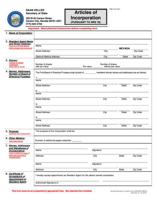 Form Corpart1999.01 - Articles Of Incorporation - 2002 Printable pdf