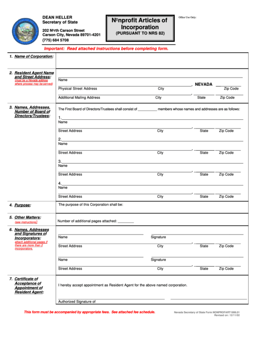 Form Nonprofart1999.01 - Nonprofit Articles Of Incorporation - 2002 Printable pdf