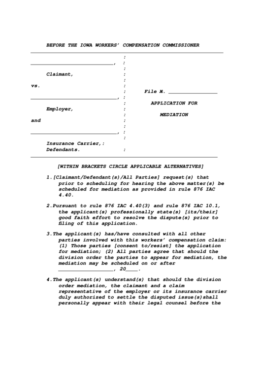 Form 14-0137 - Application For Mediation Printable pdf