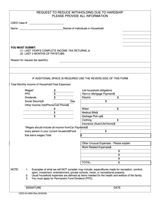 Form Csed-04-0009 - Request To Reduce Withholding Due To Hardship (2000) Printable pdf