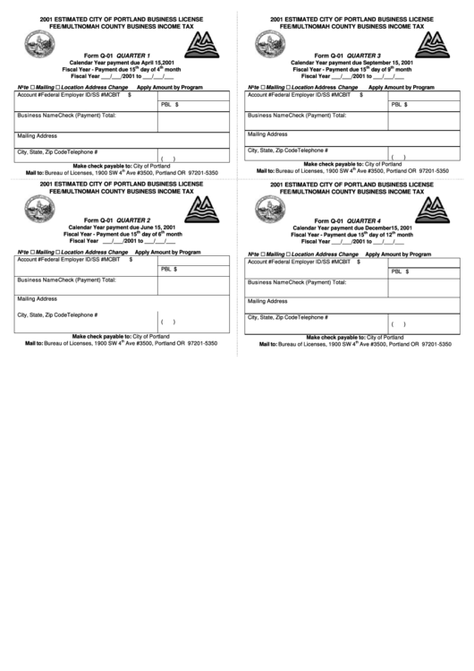 Form Q-01 - Estimated City Of Portland Business License Fee/multnomah County Business Income Tax - 2001 Printable pdf