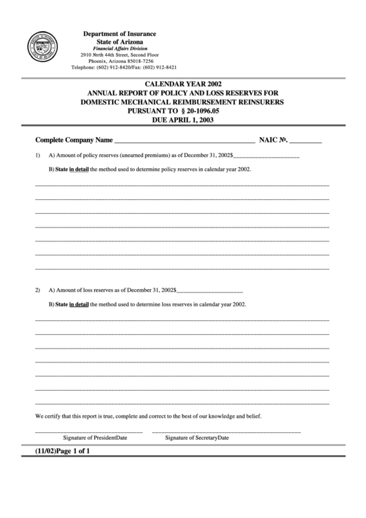 Form E-Mrr.plr - Annual Report Of Policy And Loss Reserves For Domestic Mechanical Reimbursement Reinsurers Pursuant Printable pdf