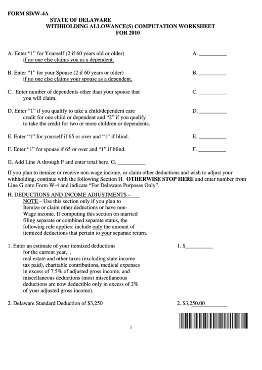 Fillable Form Sd/w-4a - Withholding Allowance(S) Computation Worksheet - 2010 Printable pdf
