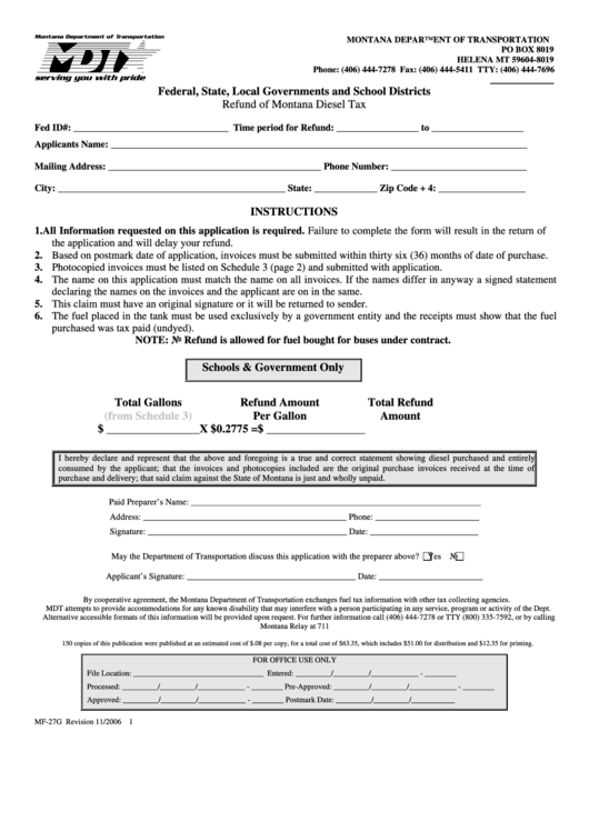 Form Mf27g Refund Of Montana Diesel Tax printable pdf download