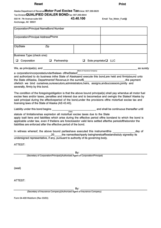 Fillable Form 04-409 - Motor Fuel Excise Tax - Qualified Dealer Bond Printable pdf