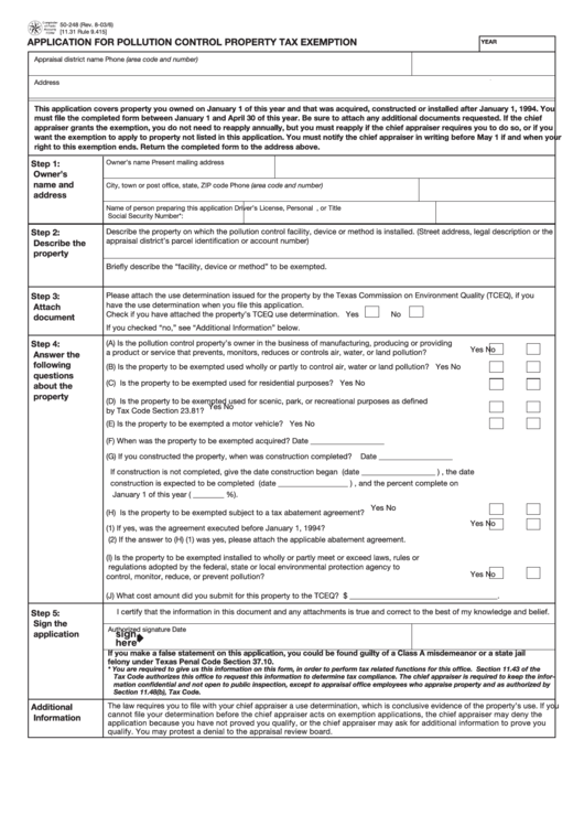 Fillable Form 50-248 - Application For Pollution Control Property Tax Exemption Printable pdf