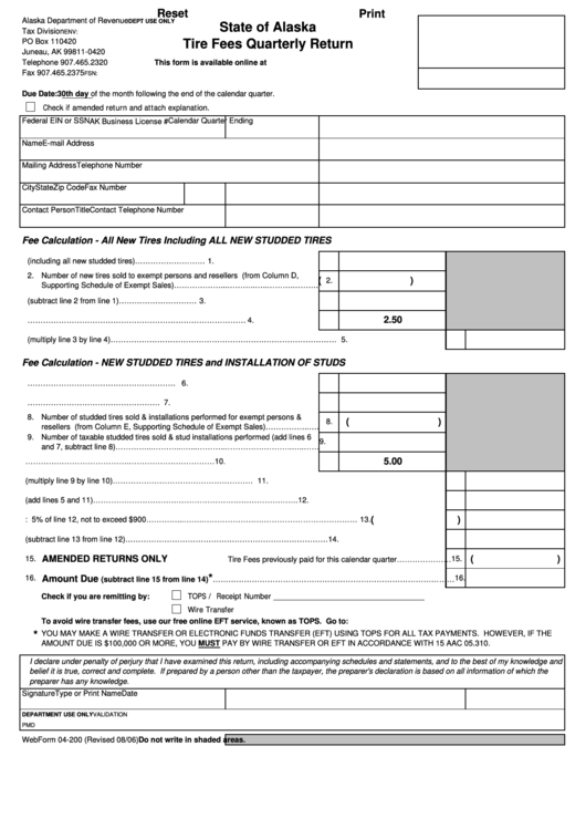 Fillable Form 04-200 - Tire Fee Quarterly Return Printable pdf