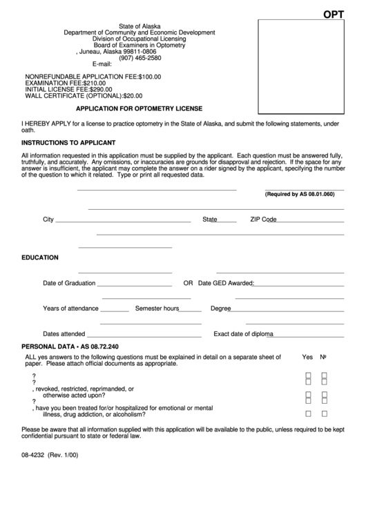 Application Form For Optometry License Printable pdf