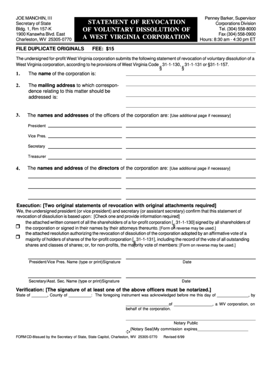 Statement Form Of Revocation Of Voluntary Dissolution Of A West Virginia Corporation Printable pdf