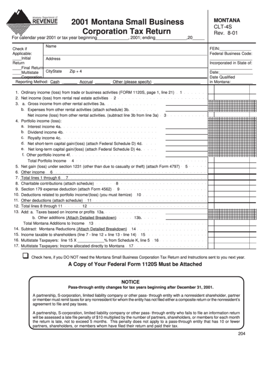 Montana Form Clt-4s - Montana Small Business Corporation Tax Return - 2001 Printable pdf