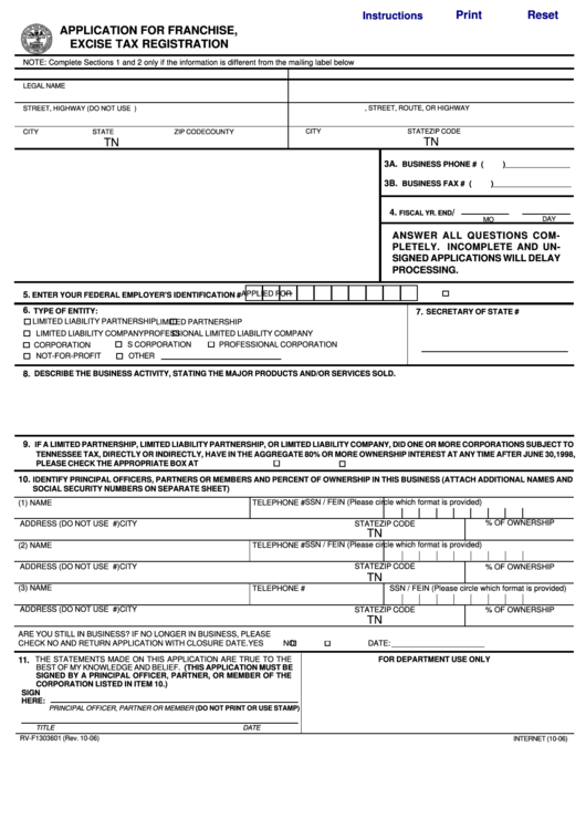 Fillable Form Rv-F1303601 - Application For Franchise, Excise Tax Registration - State Of Tennessee Printable pdf