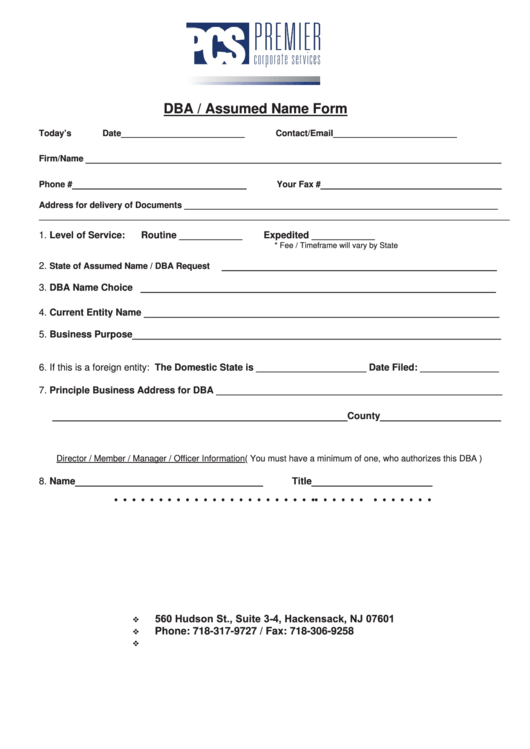 Fillable Dba / Assumed Name Form Premier Corporate Services printable