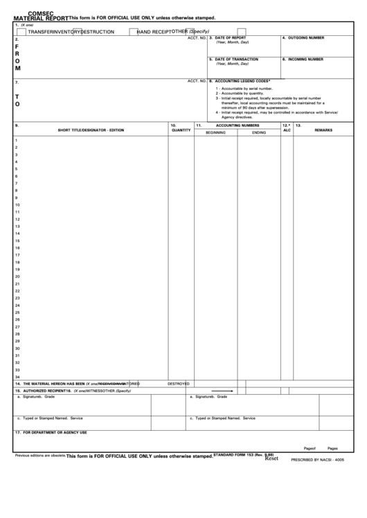 Fillable Form 153 - Comsec Material Report Printable pdf