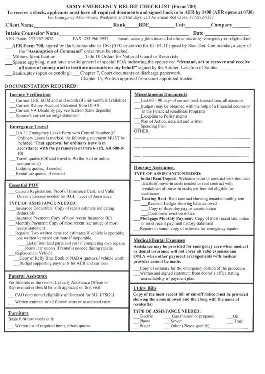 Aer Form 700 - Army Emergency Relief Checklist Printable pdf