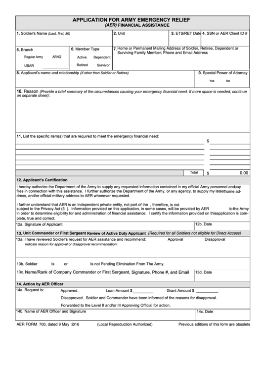 Fillable Aer Form 700 - Application For Army Emergency Relief Printable pdf