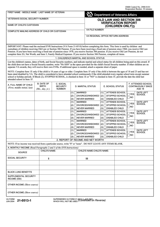 Fillable Va Form 21-0513-1 - Old Law And Section 306 Verification Report - Veterans Benefits Administration Printable pdf