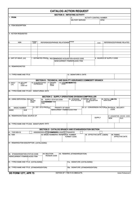 Fillable Dd Form 1277 - Catalog Action Request Printable pdf