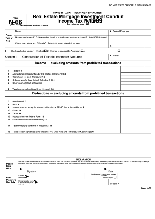 Form N-66 - Real Estate Mortgage Investment Conduit Income Tax Return - 1999 Printable pdf