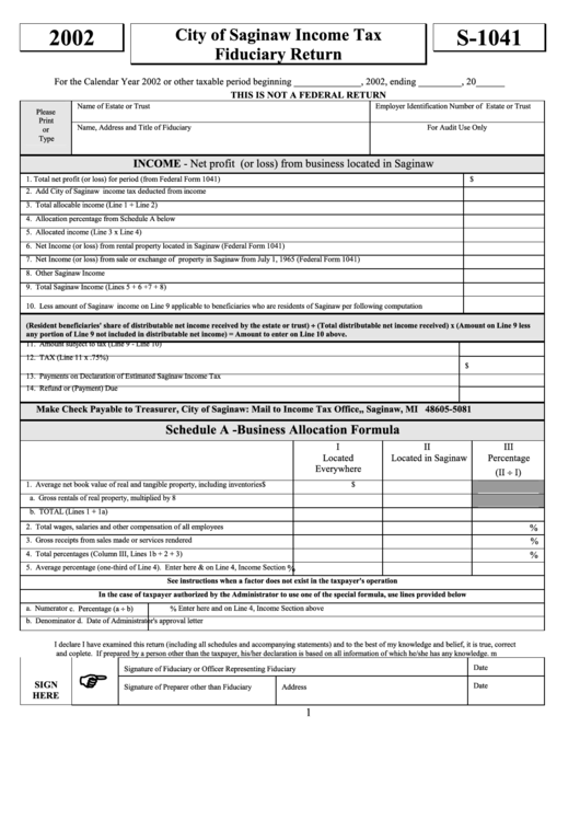 Form S-1041 - City Of Saginaw Income Tax Fiduciary Return - 2002 Printable pdf