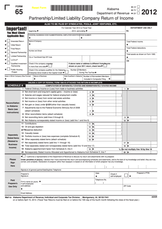 Fillable Form 65 - Partnership/limited Liability Company Return Of Income - 2012 Printable pdf