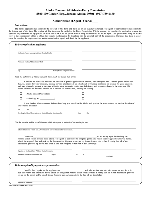 Form Agntauthwww - Authorization Of Agent Printable pdf
