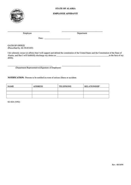 Fillable Form 02-024 - Employee Affidavit Form 1999 Printable pdf