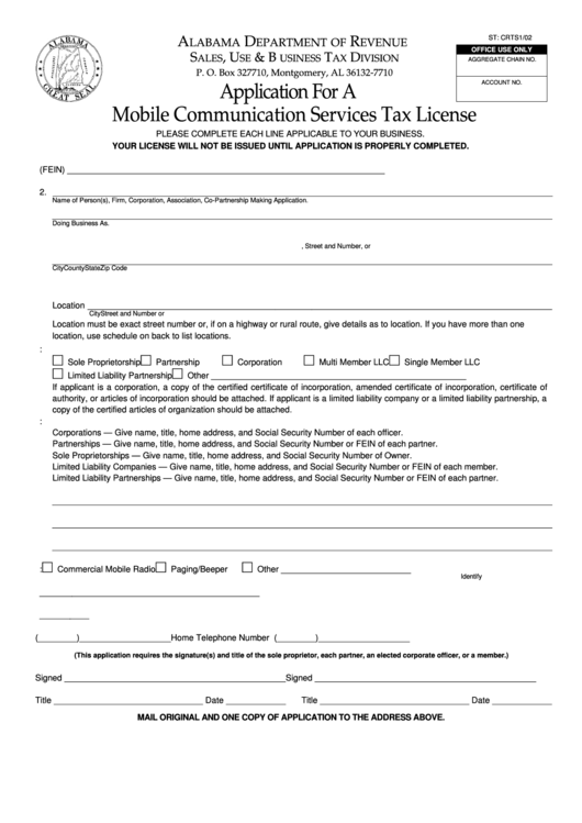 Fillable Form St-Crts - Application For A Mobile Communication Services Tax License Printable pdf