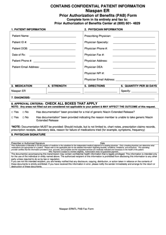 Niaspan Er Prior Authorization Of Benefits (Pab) Form Printable pdf
