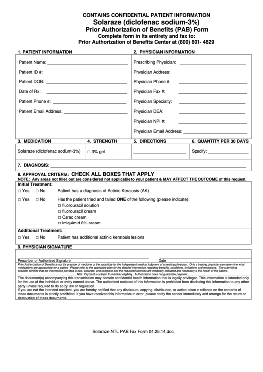 Solaraze (Diclofenac Sodium-3%) Prior Authorization Of Benefits (Pab) Form Printable pdf