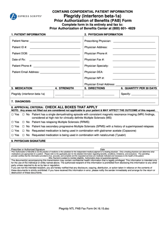 Plegridy (Interferon Beta-1a) Prior Authorization Of Benefits (Pab) Form Printable pdf