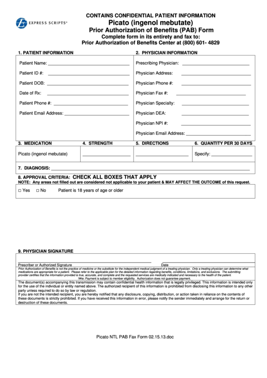 Picato (Ingenol Mebutate) Prior Authorization Of Benefits (Pab) Form Printable pdf