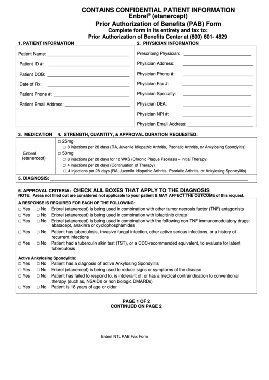 Enbrel Etanercept Prior Authorization Of Benefits Pab Form 