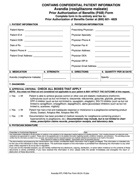 Avandia Rosiglitazone Maleate Prior Authorization Of Benefits Pab Form Printable Pdf Download 6712