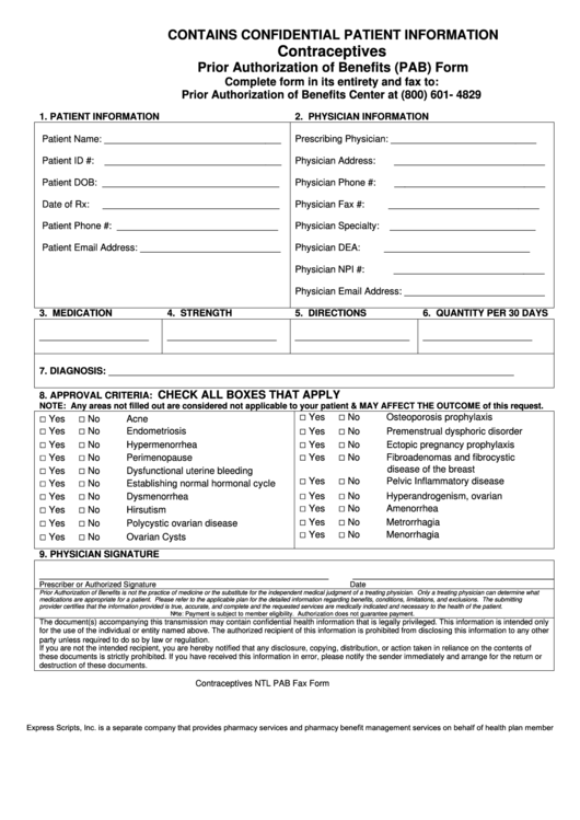 Contraceptives Prior Authorization Of Benefits (Pab) Form Printable pdf