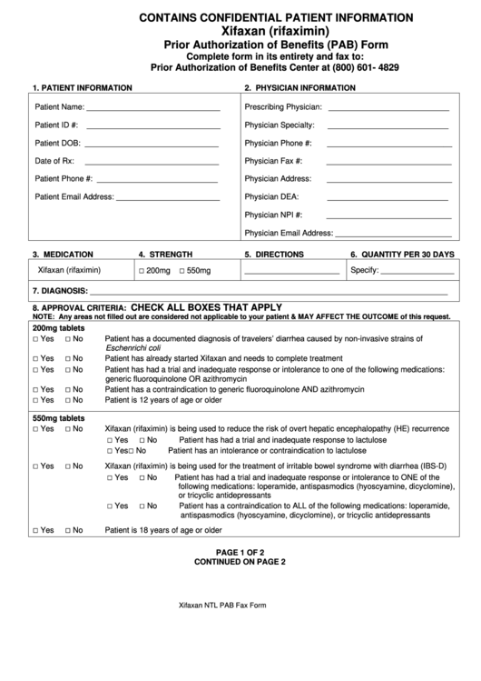 Xifaxan (Rifaximin) Prior Authorization Of Benefits (Pab) Form Printable pdf