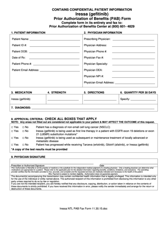 Iressa (Gefitinib) Prior Authorization Of Benefits (Pab) Form Printable pdf