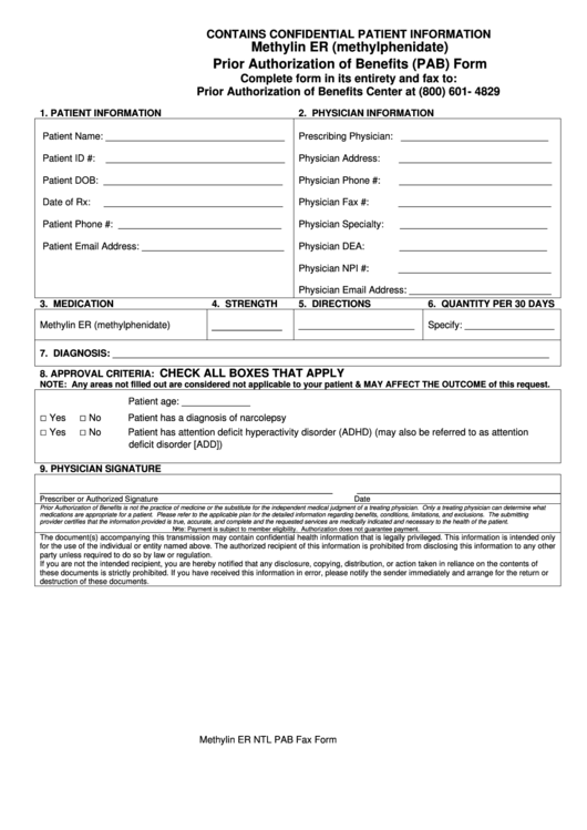 Methylin Er (Methylphenidate) Prior Authorization Of Benefits (Pab) Form Printable pdf