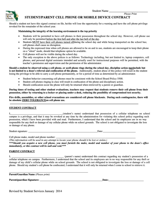 Cell Phone Or Mobile Device Contract Form 2014 Printable pdf