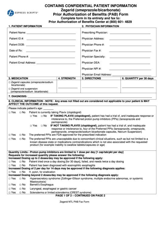 Zegerid (Omeprazole/bicarbonate) Prior Authorization Of Benefits (Pab) Form Printable pdf
